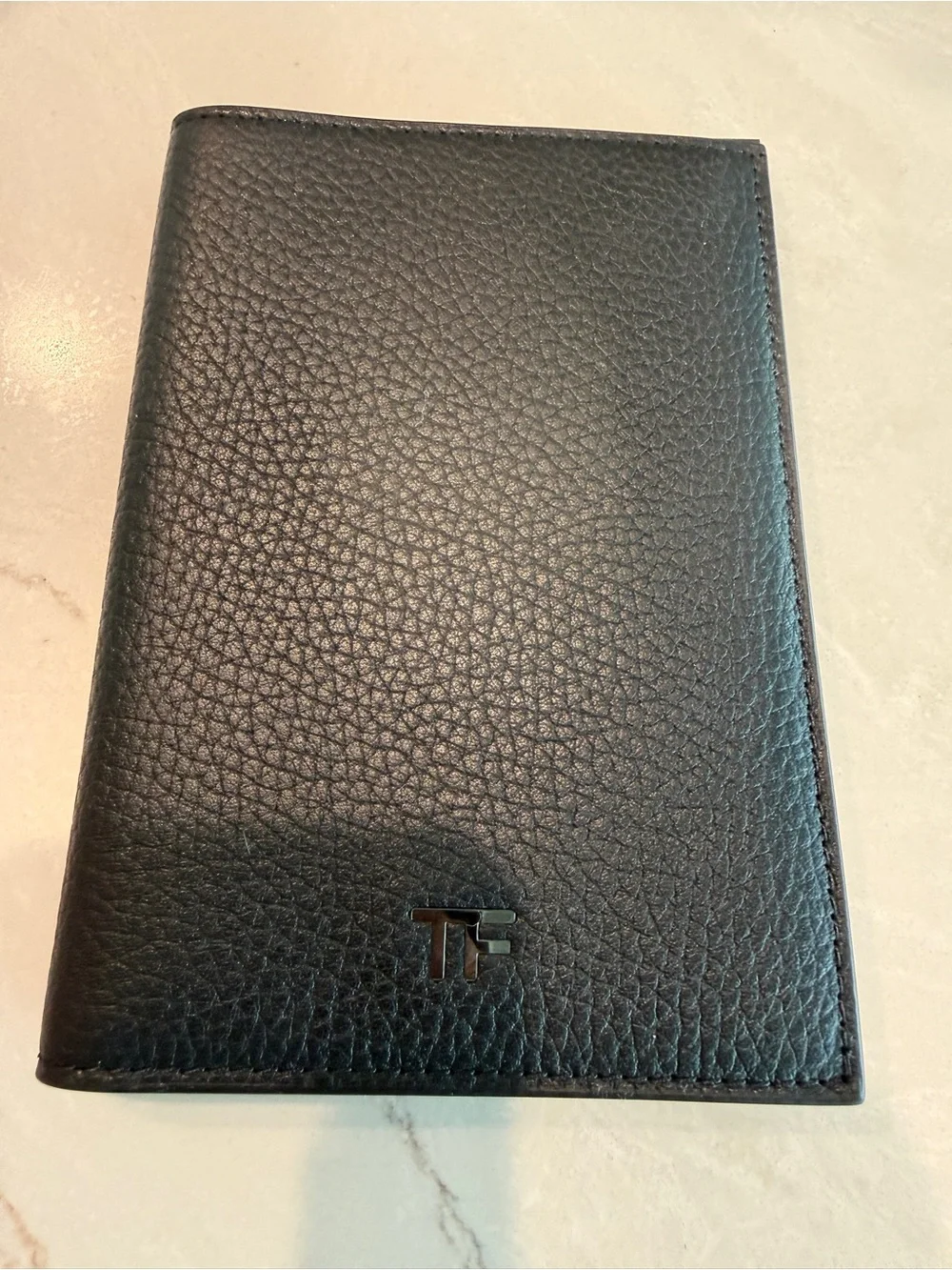 Authentic Tom Ford Black Pebbled Leather Passport Wallet with Silver Logo